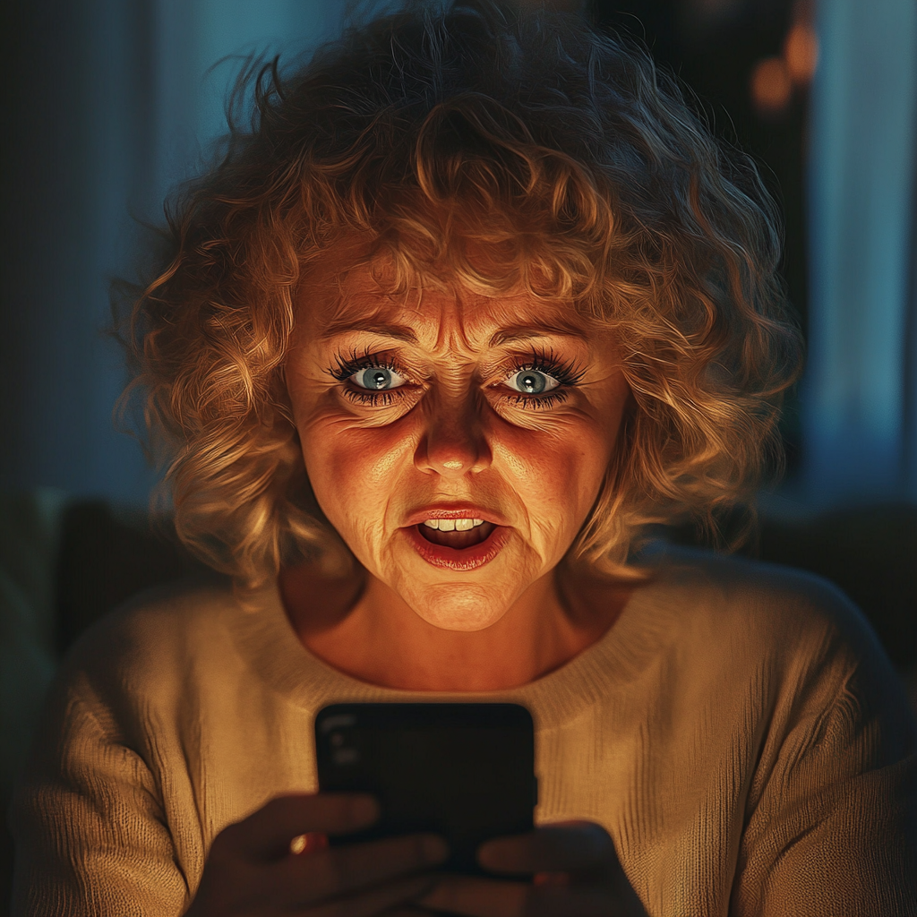 A shocked senior woman staring at her phone | Source: Midjourney