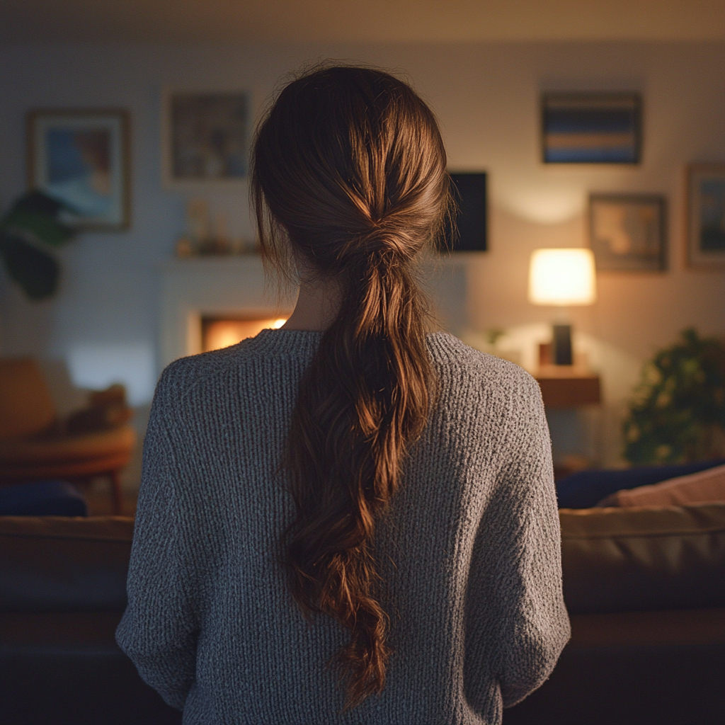 A young woman standing in her mother's house | Source: Midjourney