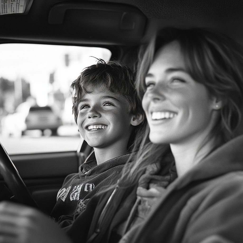 A happy mother and son driving | Source: Midjourney