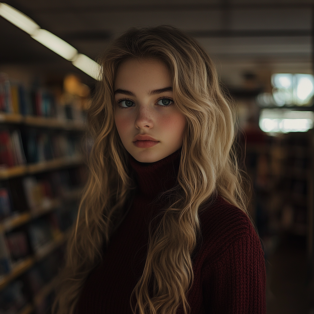 A teenage girl standing in a bookstore | Source: Midjourney