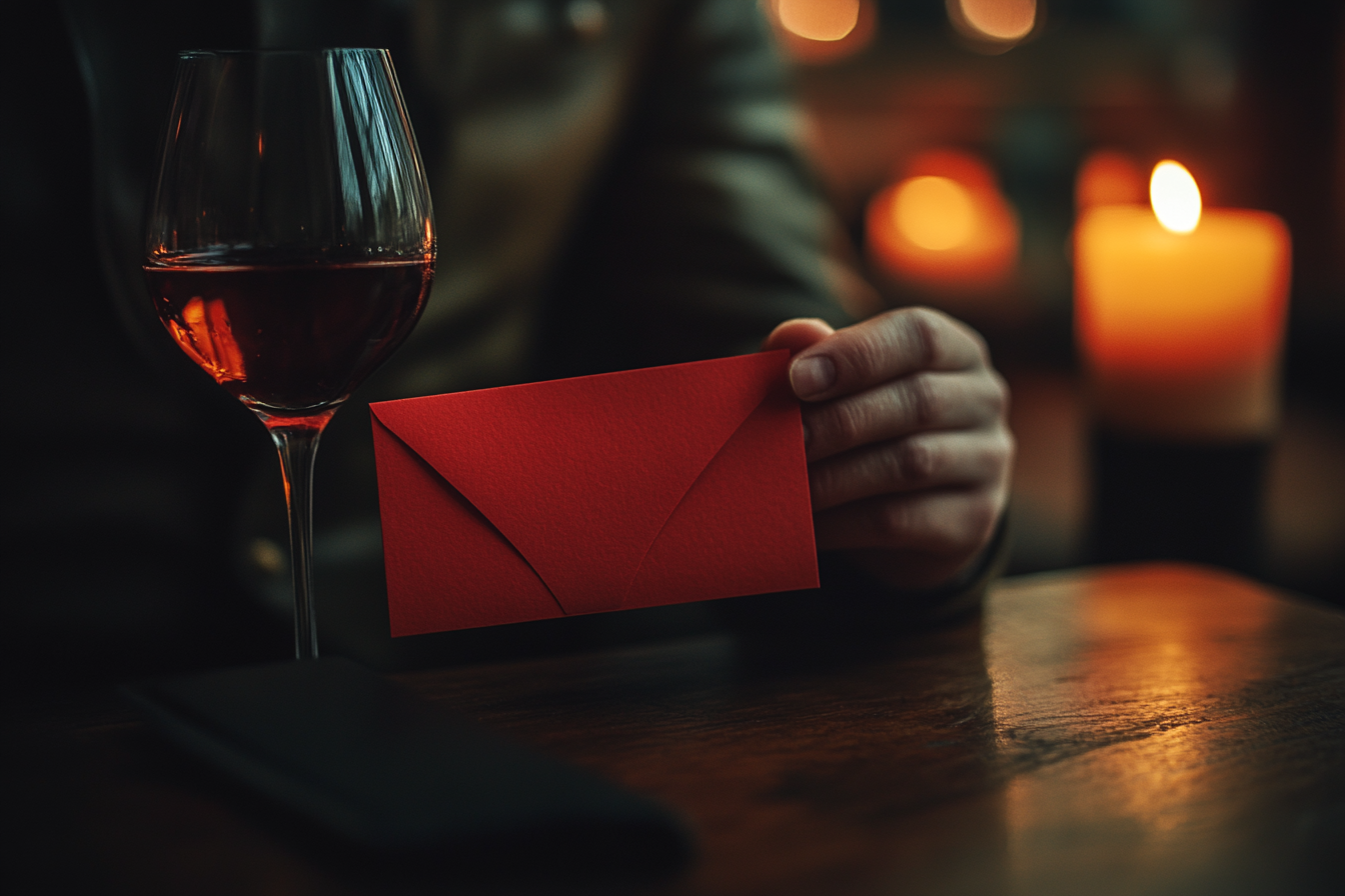 A person holding a red envelope next to a glass of wine | Source: Midjourney