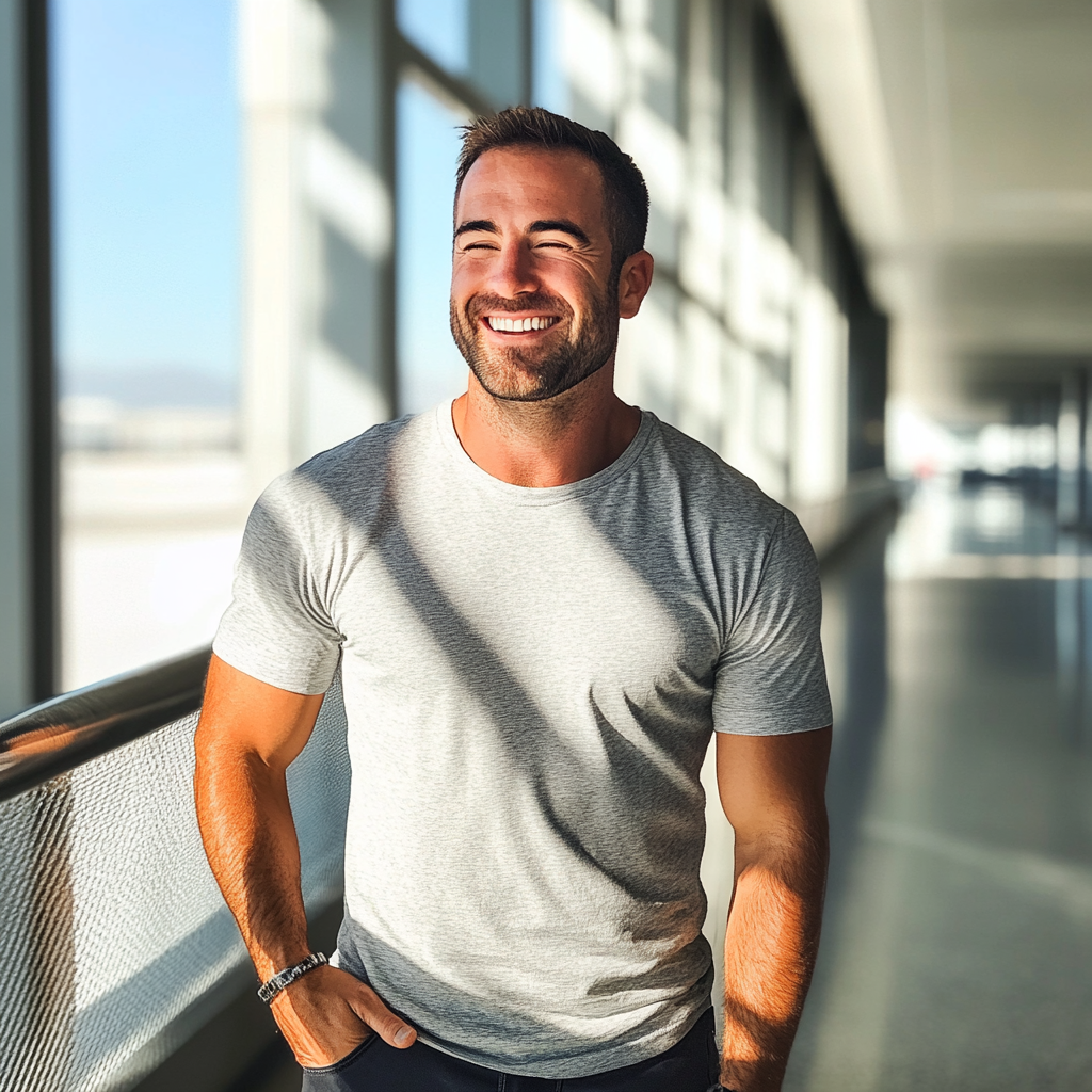 A man laughing in an airport | Source: Midjourney