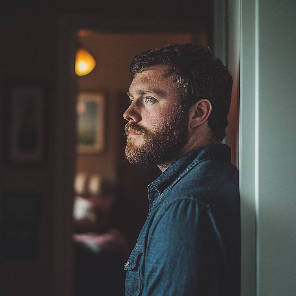 A sorry man standing in the living room doorway | Source: Midjourney