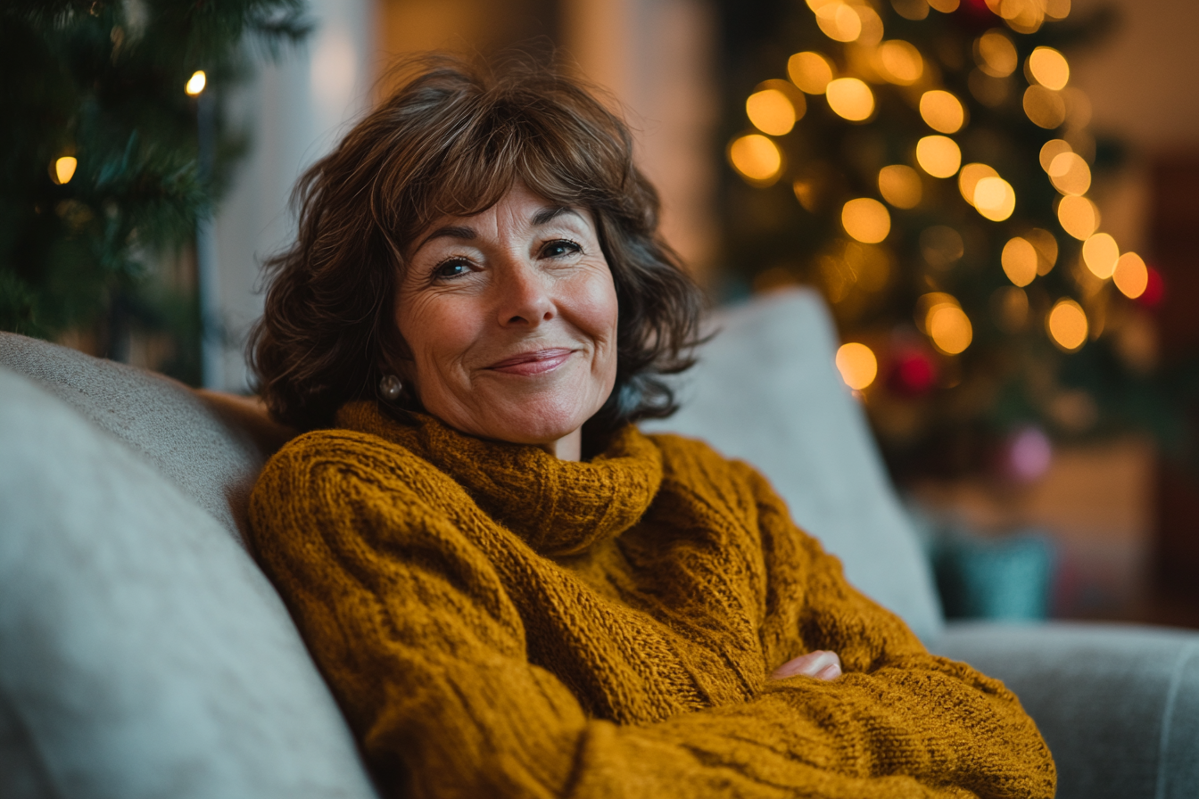 A woman on a sofa smiling | Source: Midjourney