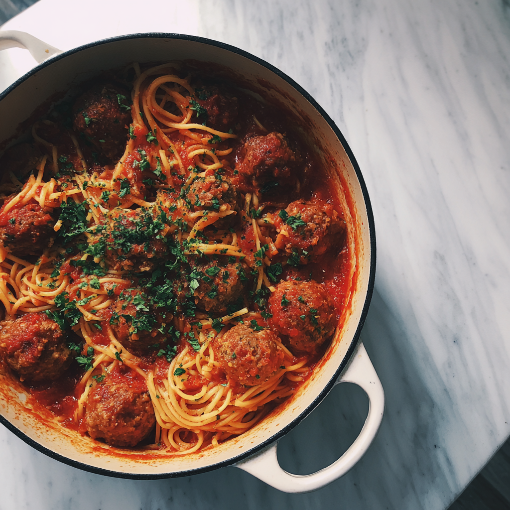 A pot of spaghetti and meatballs | Source: Midjourney