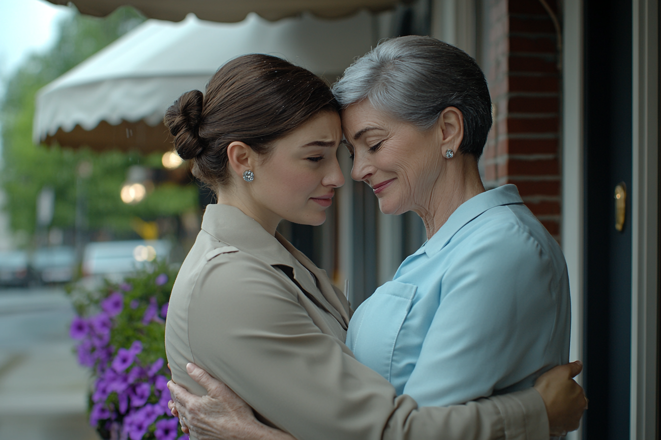 Woman in her 30s hugging a woman in her 50s, smiling and emotional, beneath the awning of a red-bricked café | Source: Midjourney