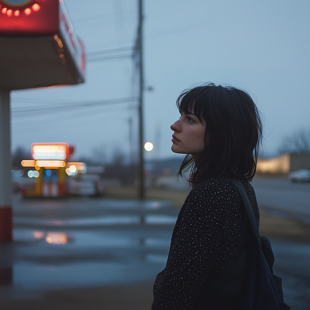 A tired woman standing on a gas station | Source: Midjourney