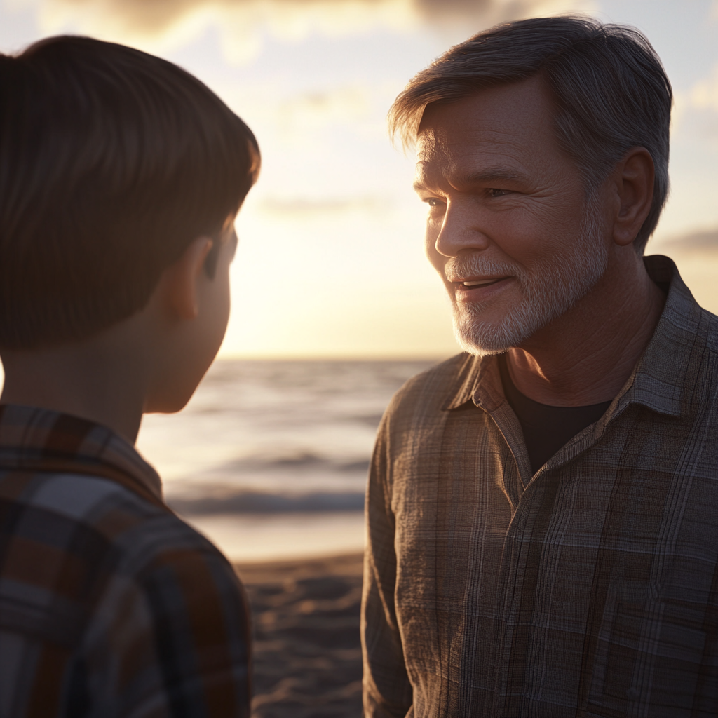 A man talking to his grandson at the beach | Source: Midjourney