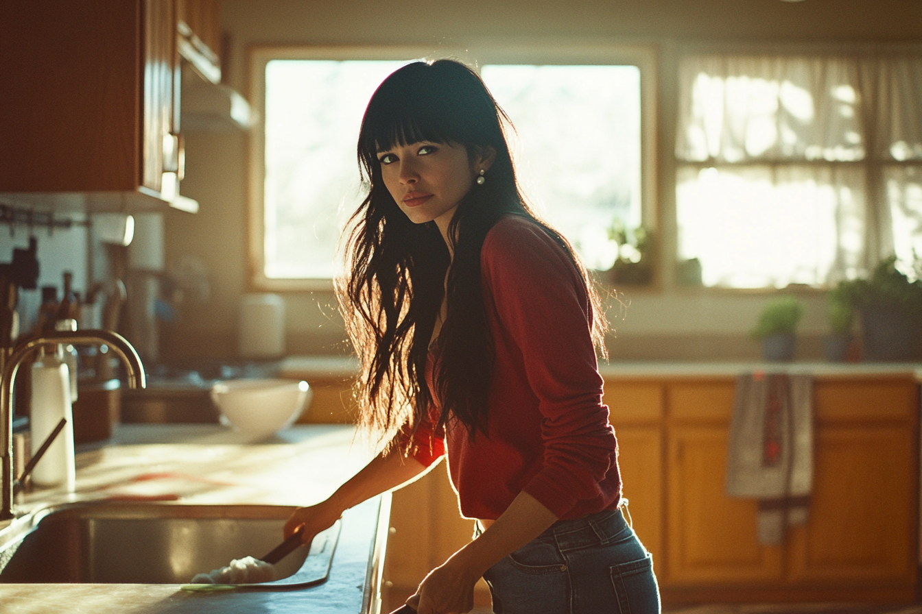 Woman in her late 30s cleaning the kitchen while looking worried | Source: Midjourney