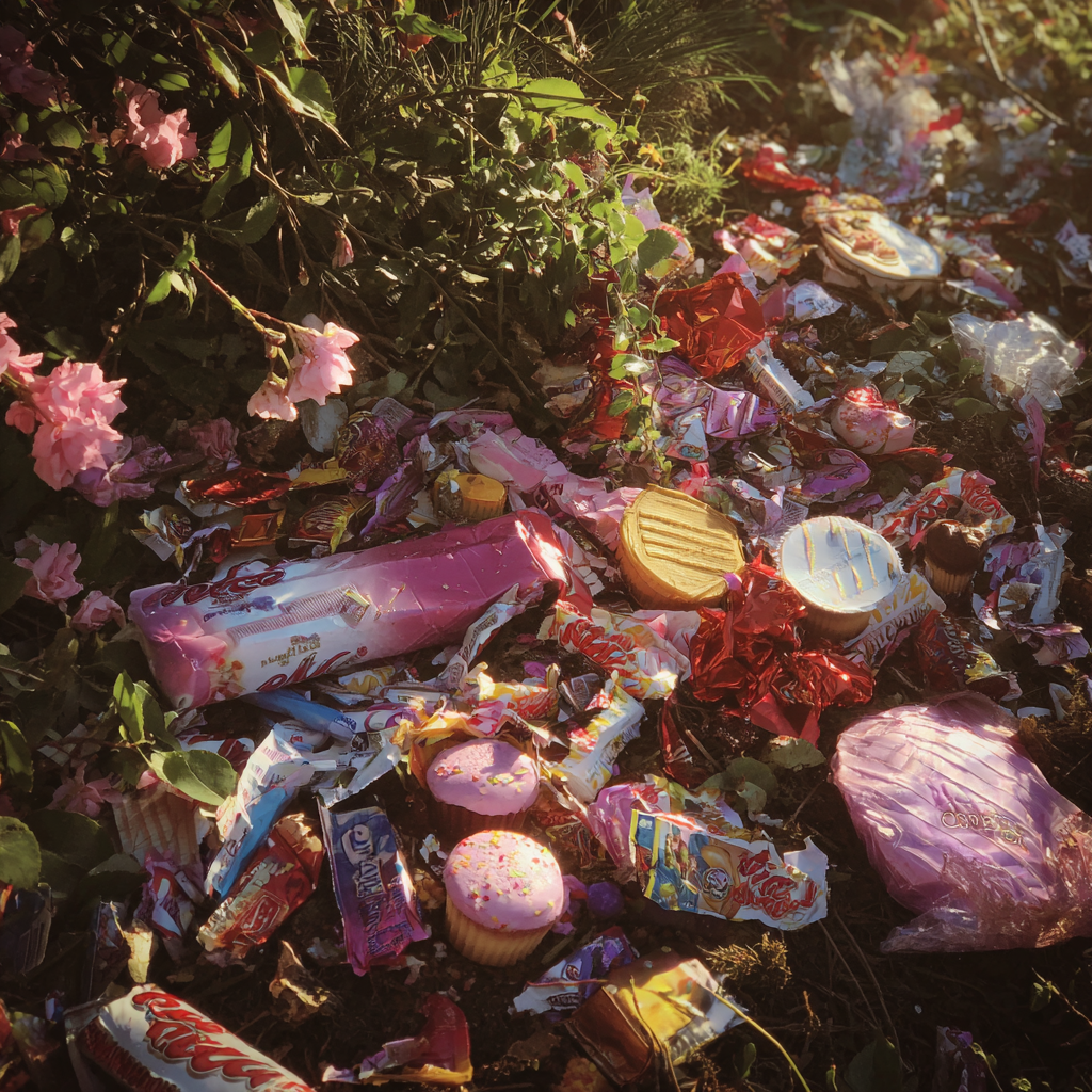 Candy wrappers and other dirt in a garden | Source: Midjourney