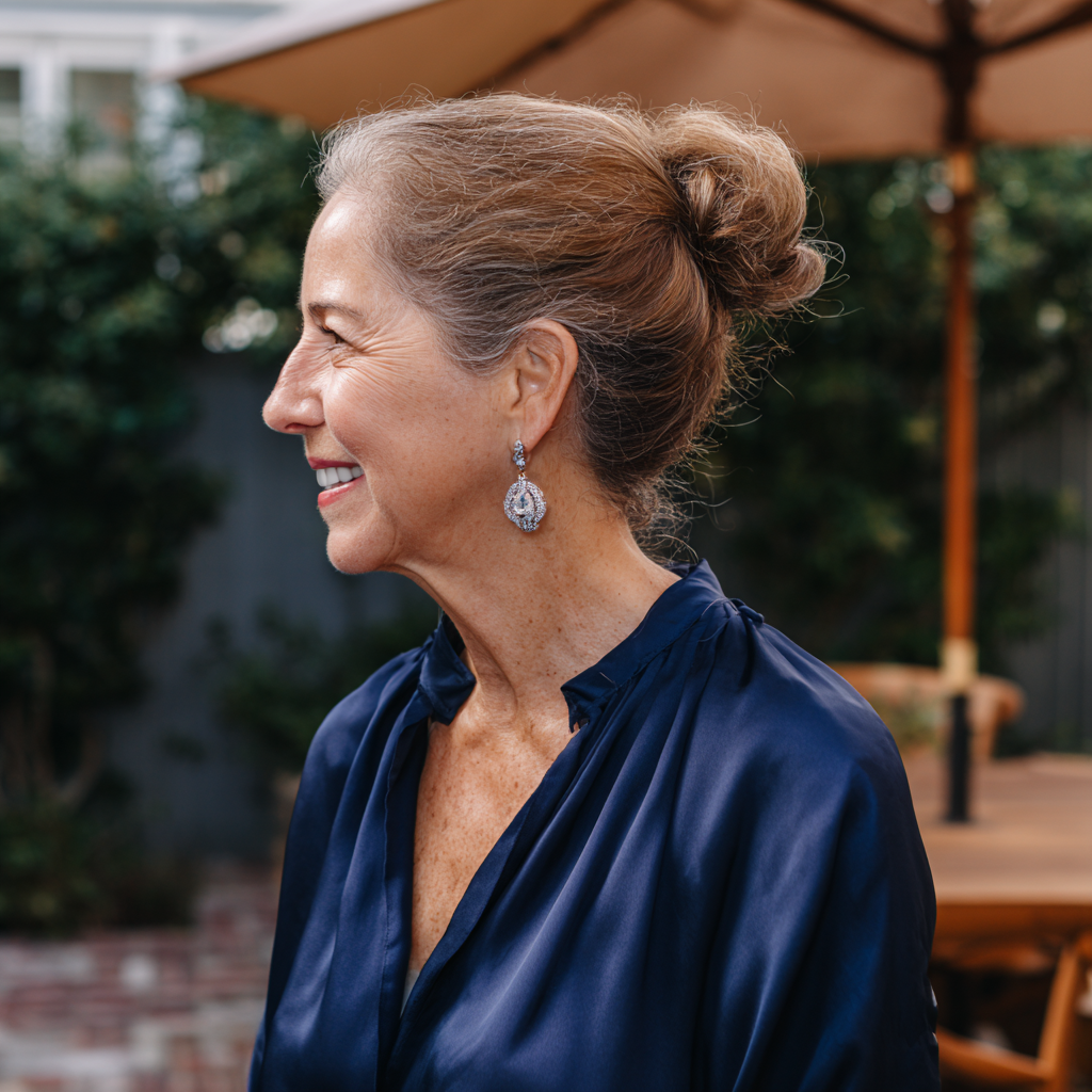 A smiling woman wearing a navy blouse | Source: Midjourney