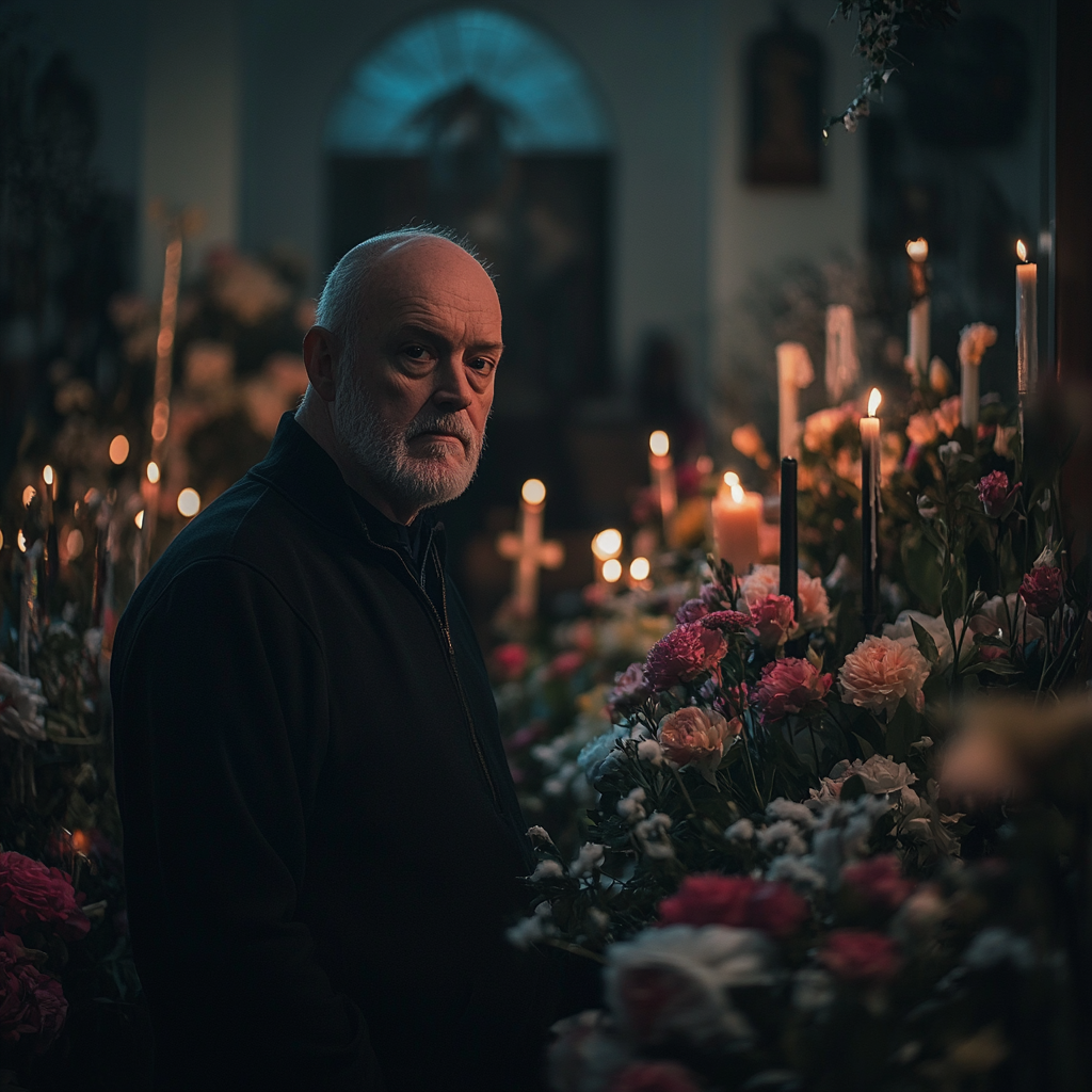 A sad middle-aged man in a funeral parlor | Source: Midjourney