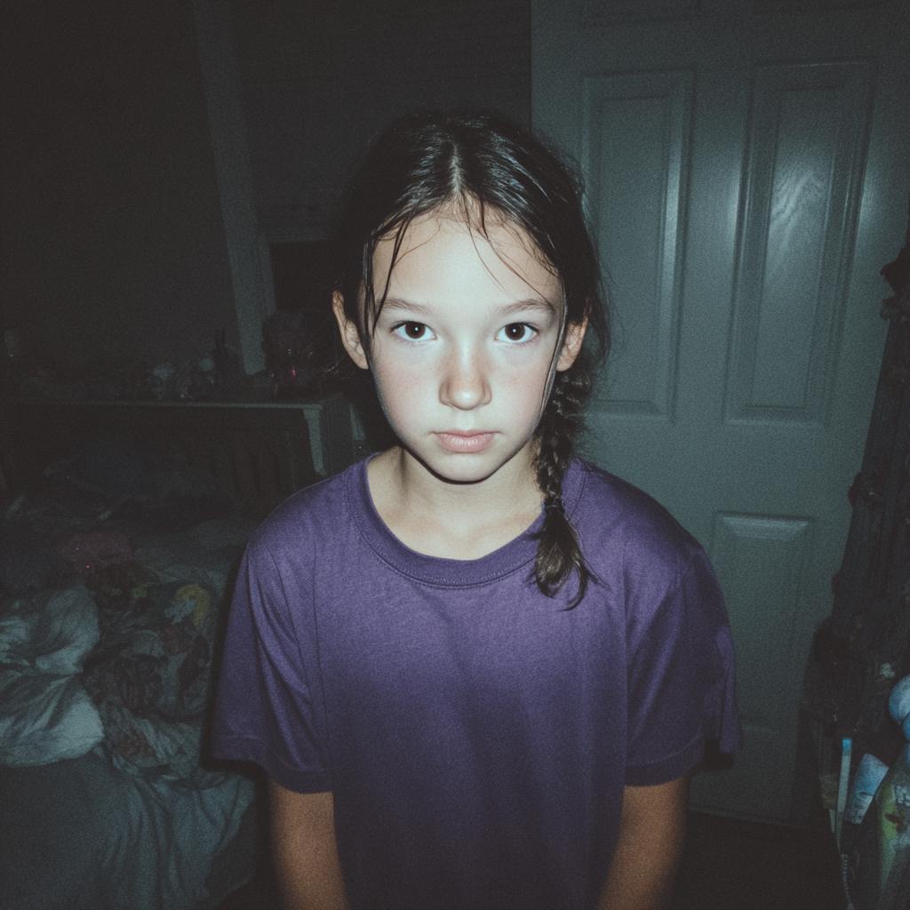 A pensive little girl standing in a bedroom | Source: Midjourney