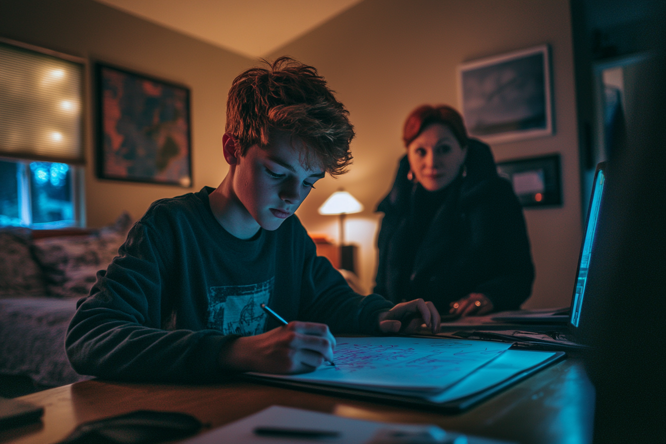 Une mère aide son fils à faire ses devoirs | Source : Midjourney