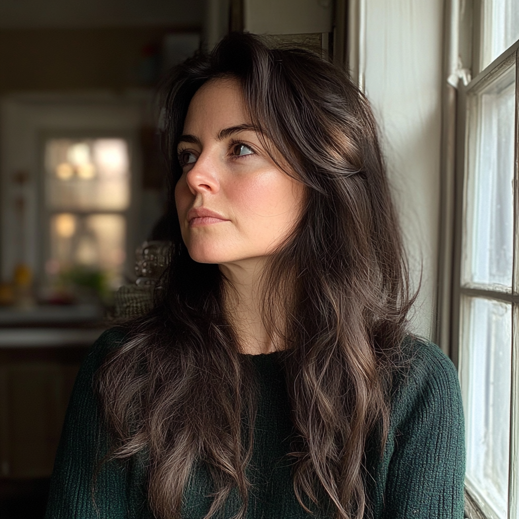 A pensive woman standing by a window | Source: Midjourney