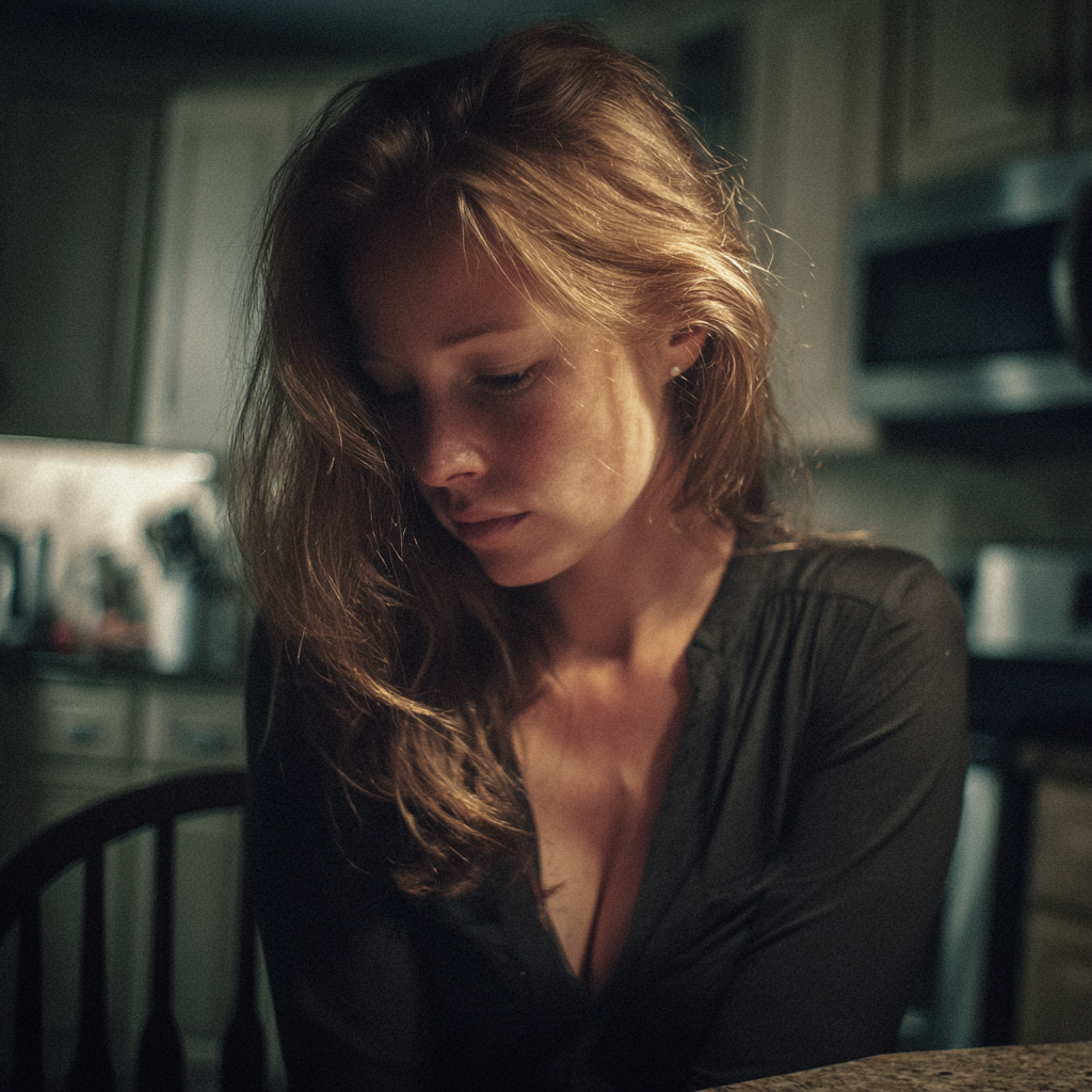 An upset woman sitting at a kitchen table | Source: Midjourney