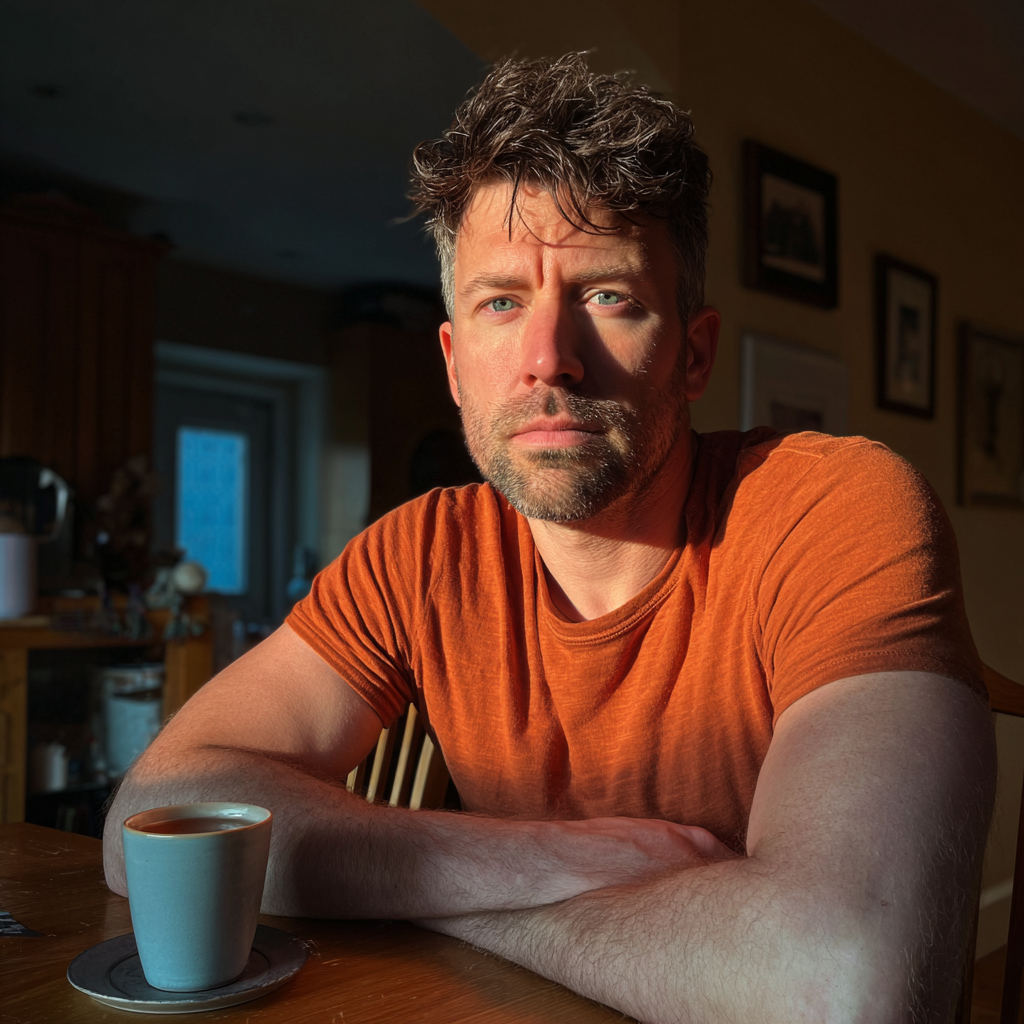 A man sitting at a table with a cup of tea | Source: Midjourney