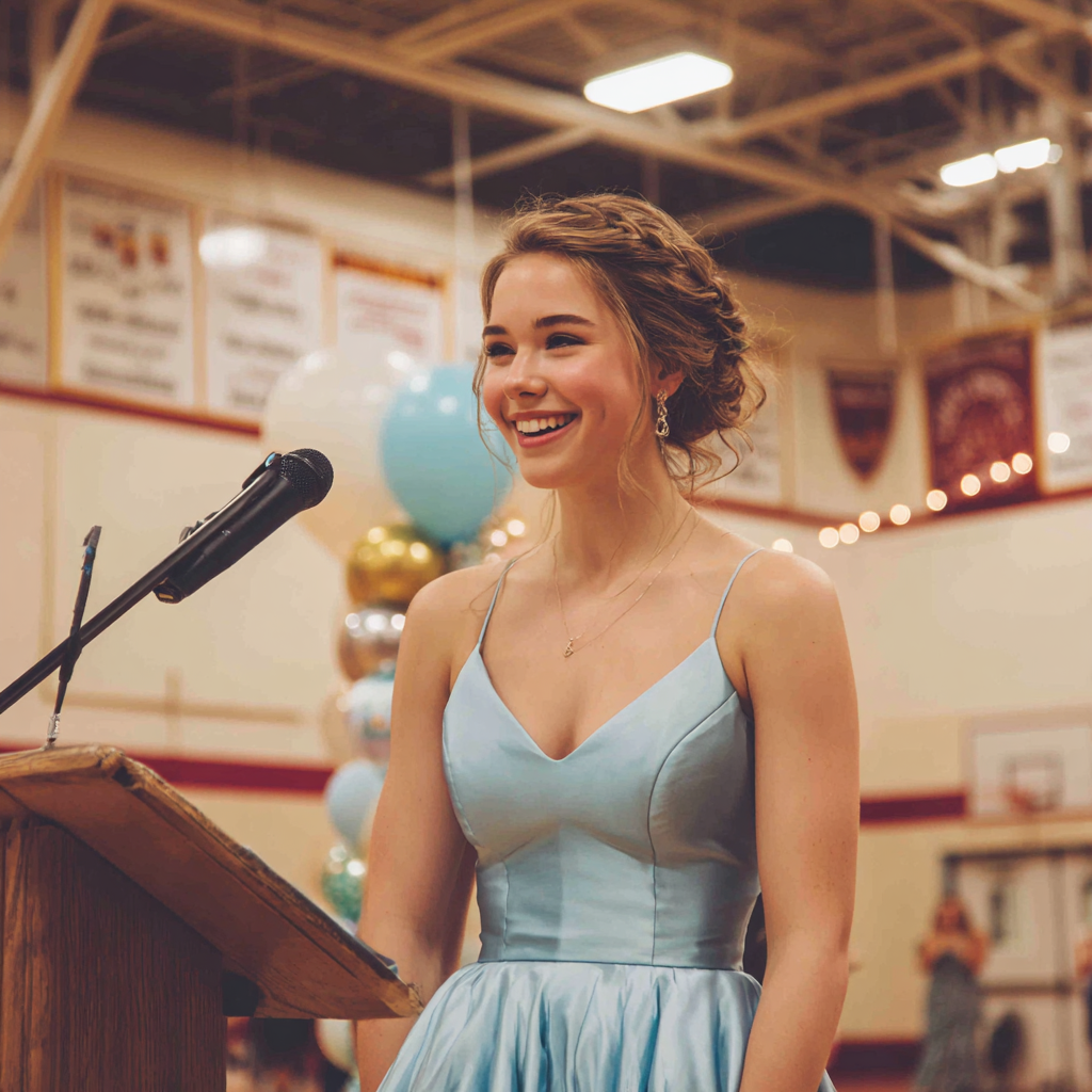 A teenage girl standing at a podium in a gym | Source: Midjourney