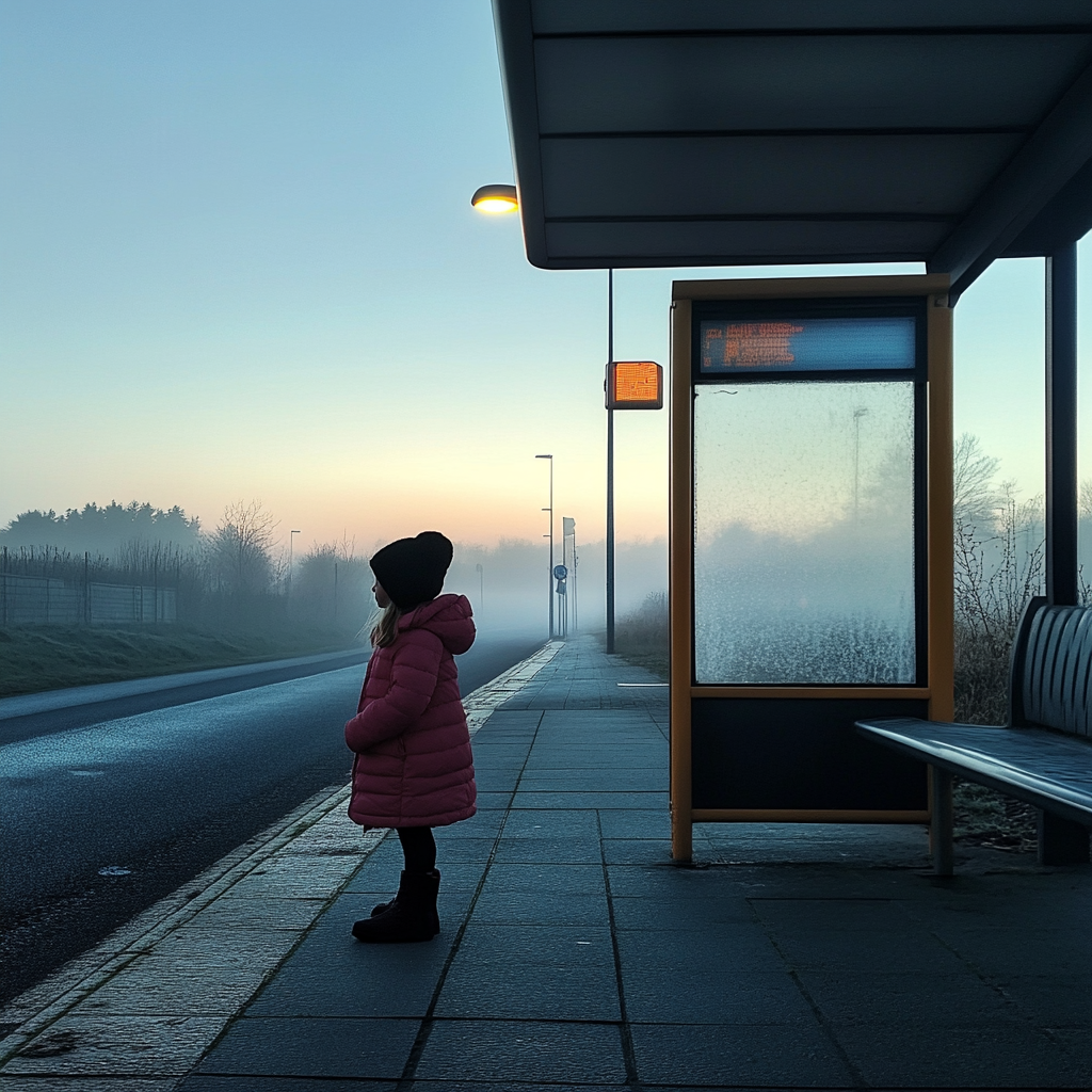 A little girl at a bus stop | Source: Midjourney