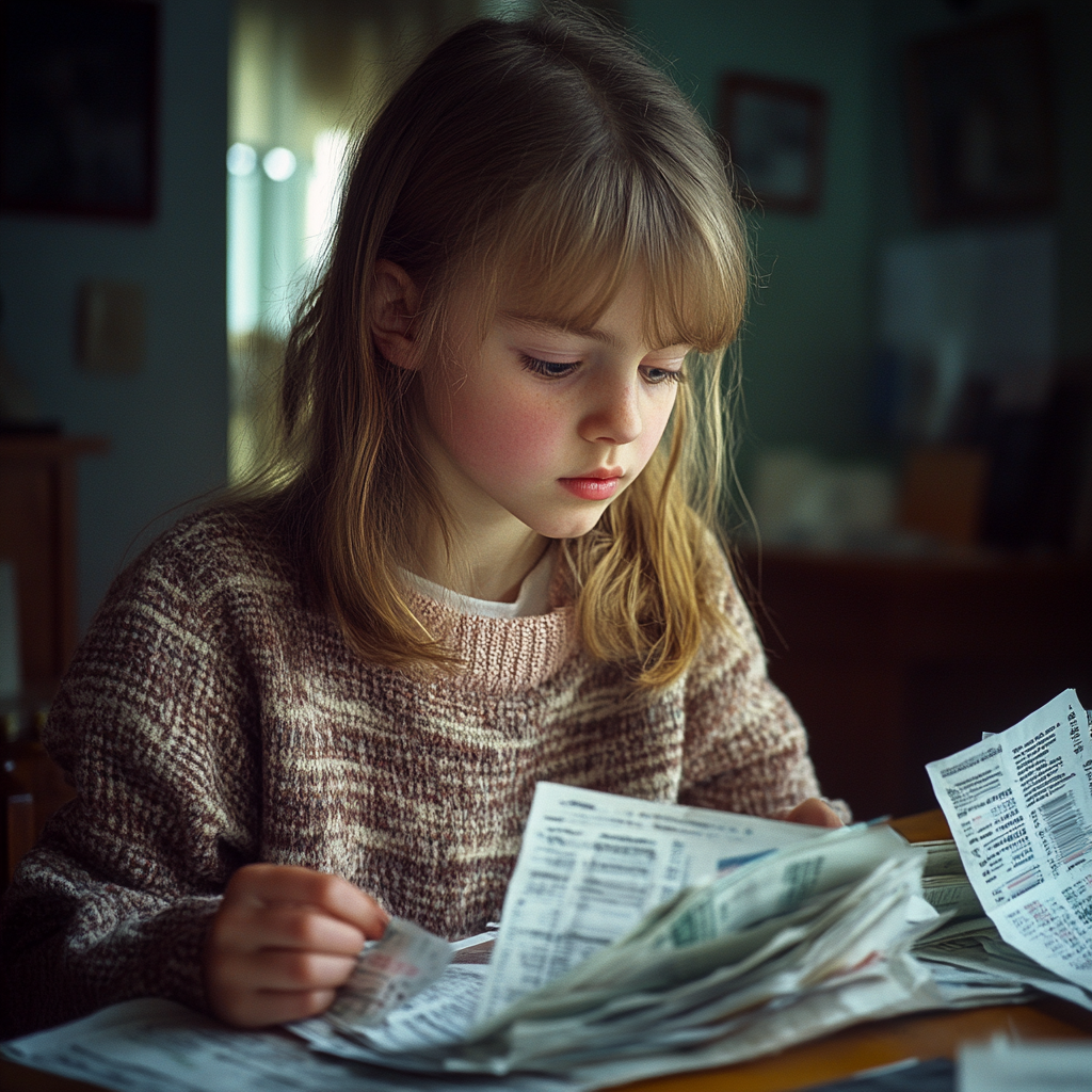 A little girl sorting through bills | Source: Midjourney