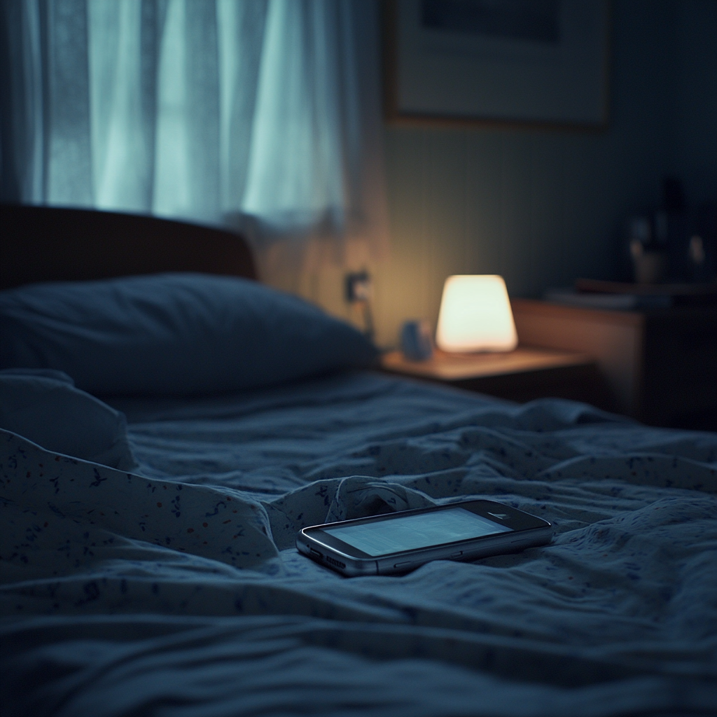 A phone on a bed at night | Source: Midjourney