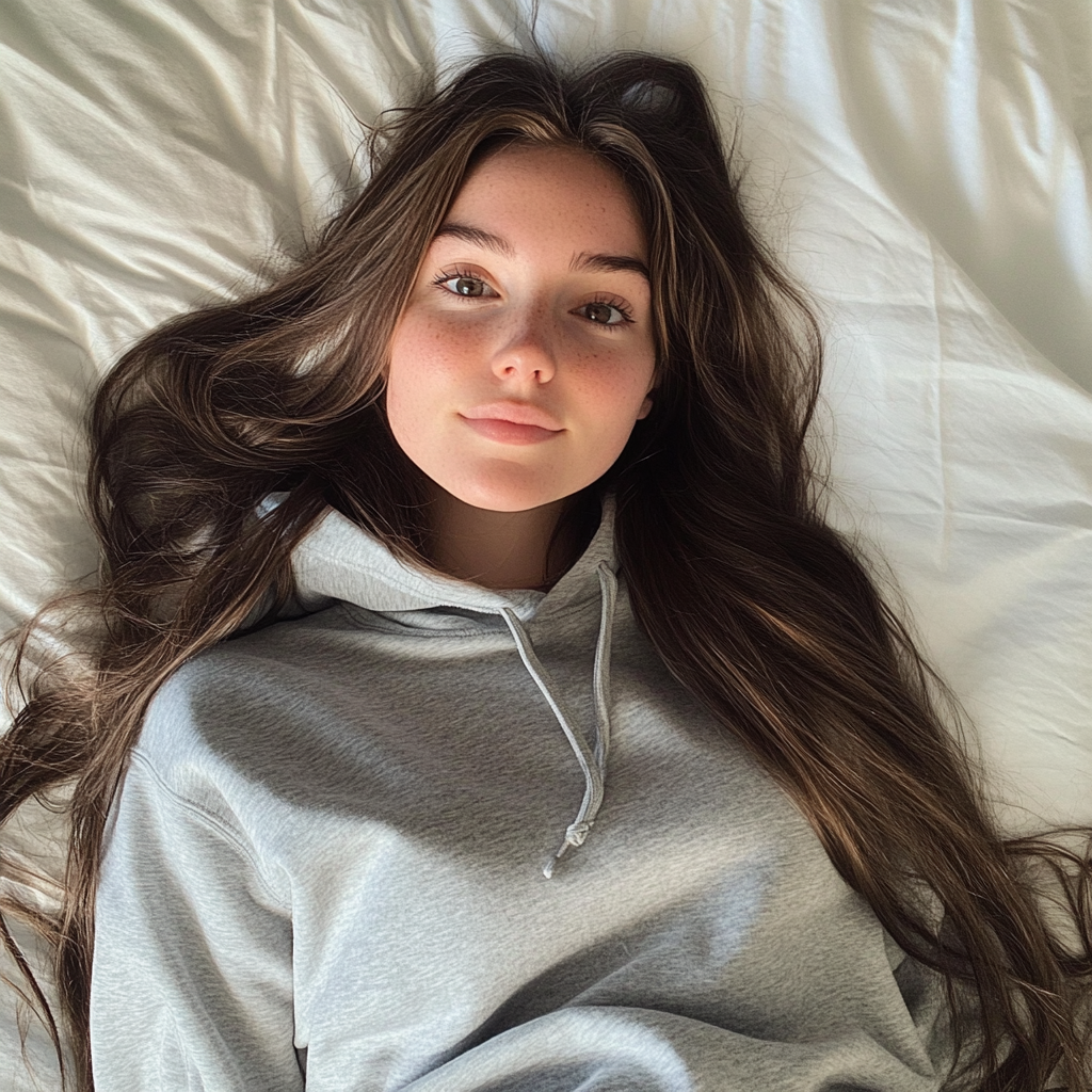 A woman sitting on her bed with a small smile | Source: Midjourney