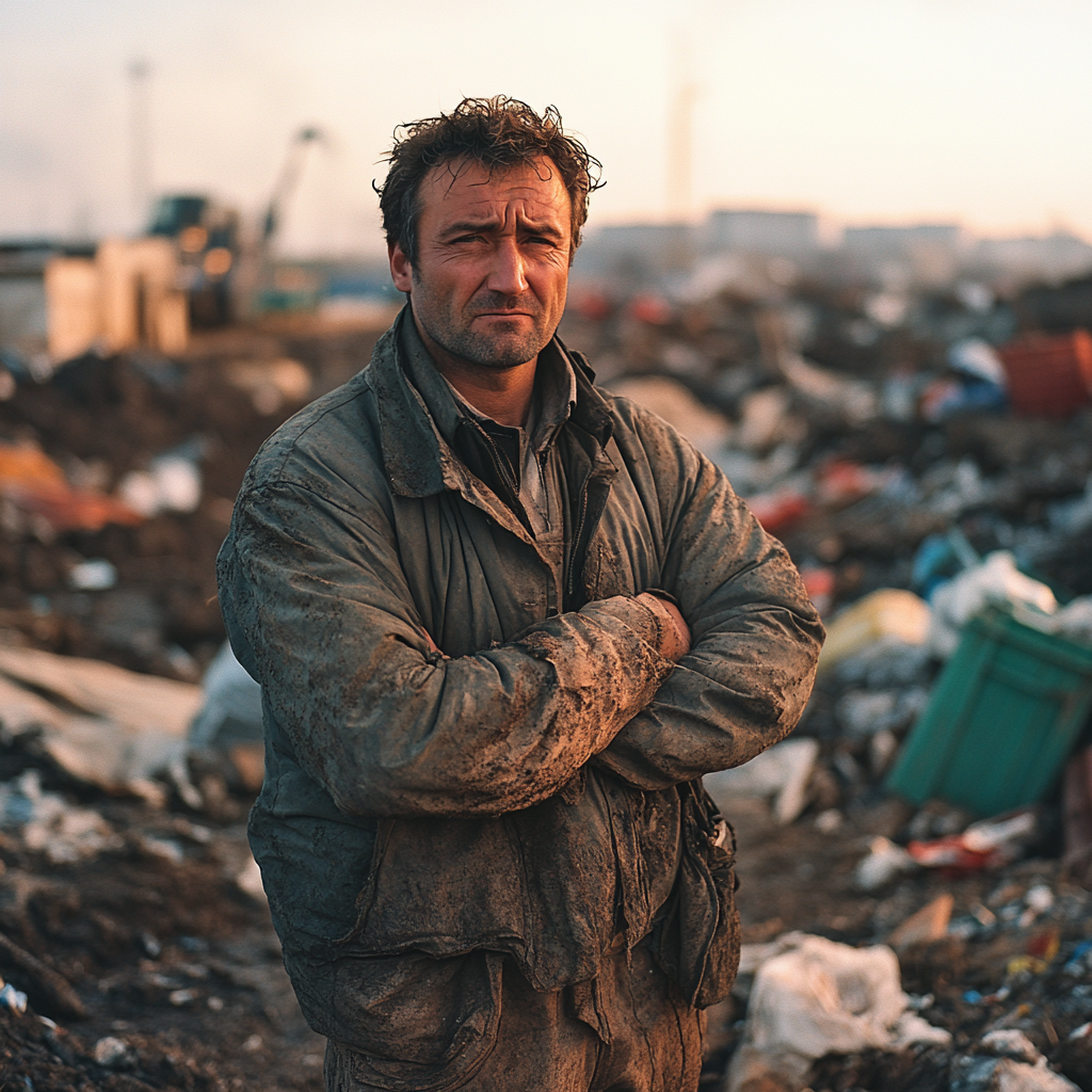 An angry and dirty man standing at a trash dump | Source: Midjourney