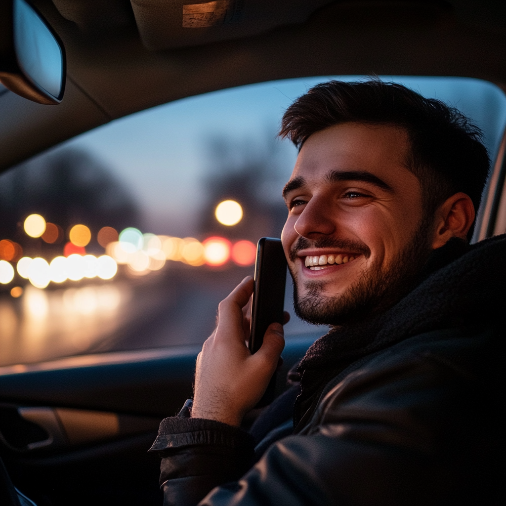 A smiling man talking on his phone while driving | Source: Midjourney