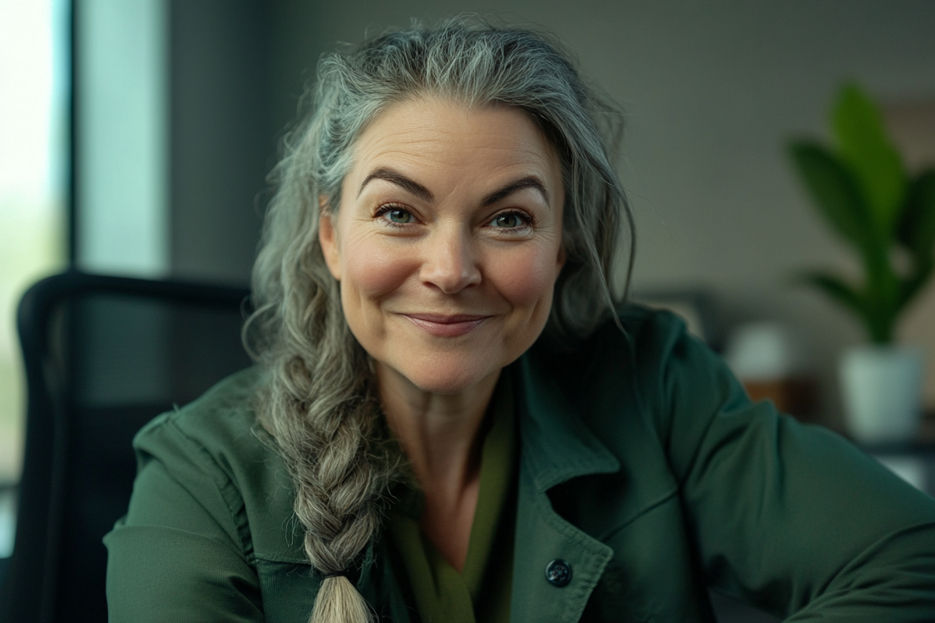 Woman sitting on a chair in an office smiling gladly | Source: Midjourney