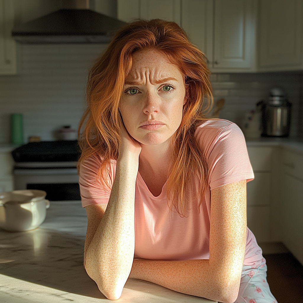 A woman sitting at a kitchen counter | Source: Midjourney