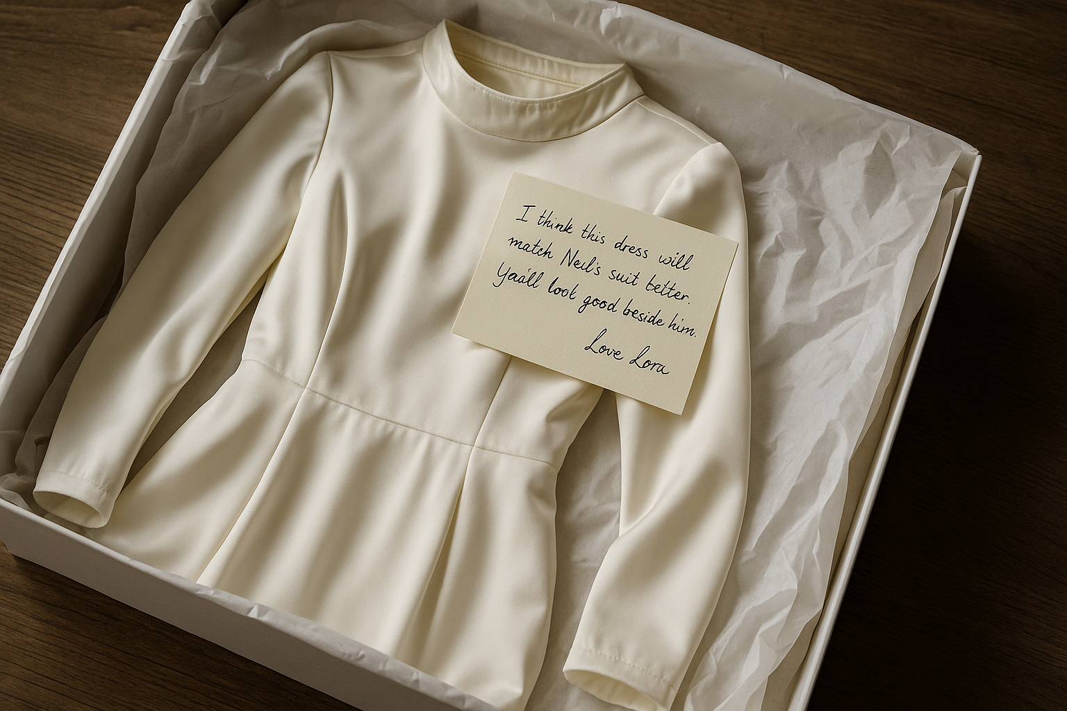 A white dress with a note in package | Source: Sora