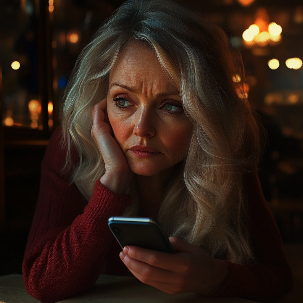 A teary-eyed woman holding her phone | Source: Midjourney