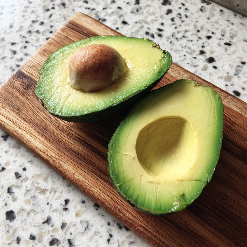 An avocado on a wooden board | Source: Midjourney