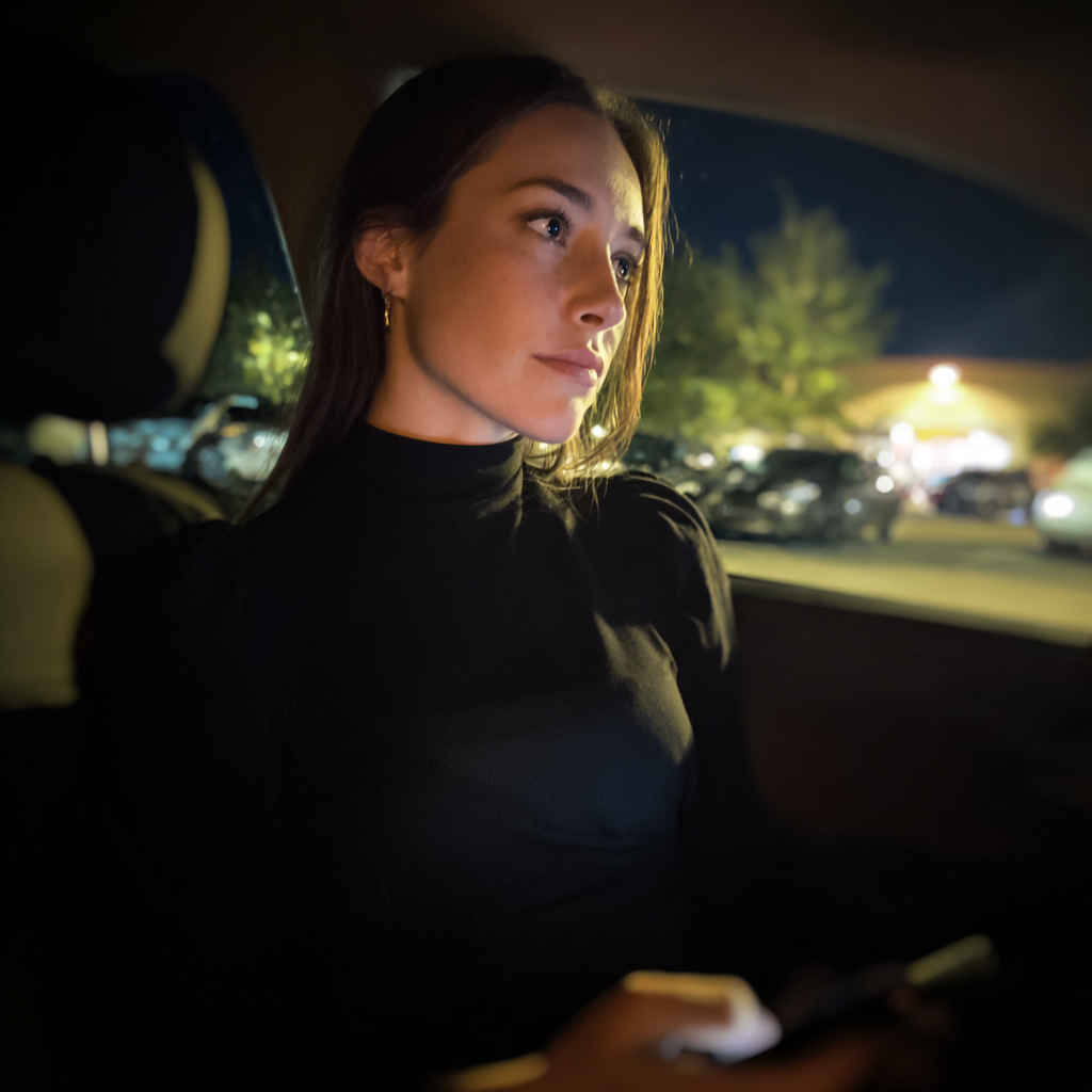 An emotional woman holding her phone in a car | Source: Midjourney