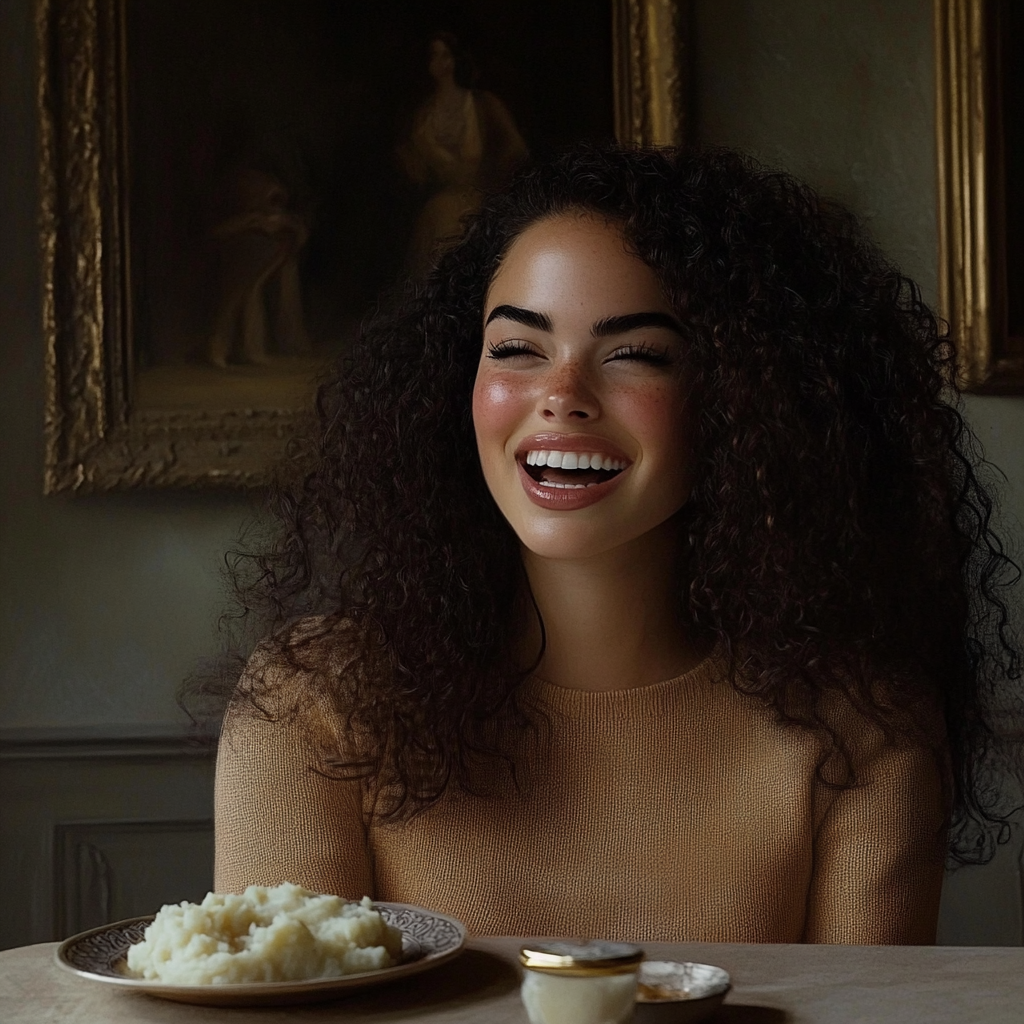 A delighted woman seated at a dining table | Source: Midjourney