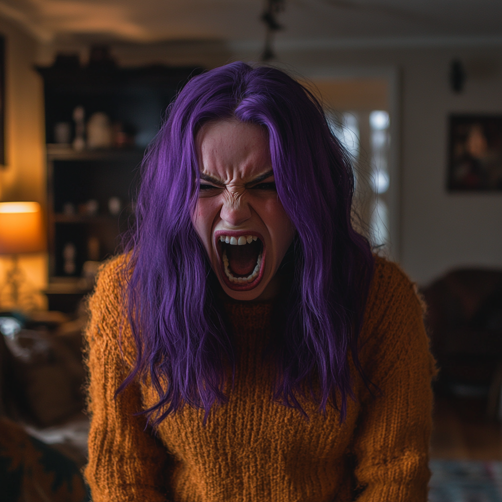 A shouting woman with purple hair ⏐ Source: Midjourney