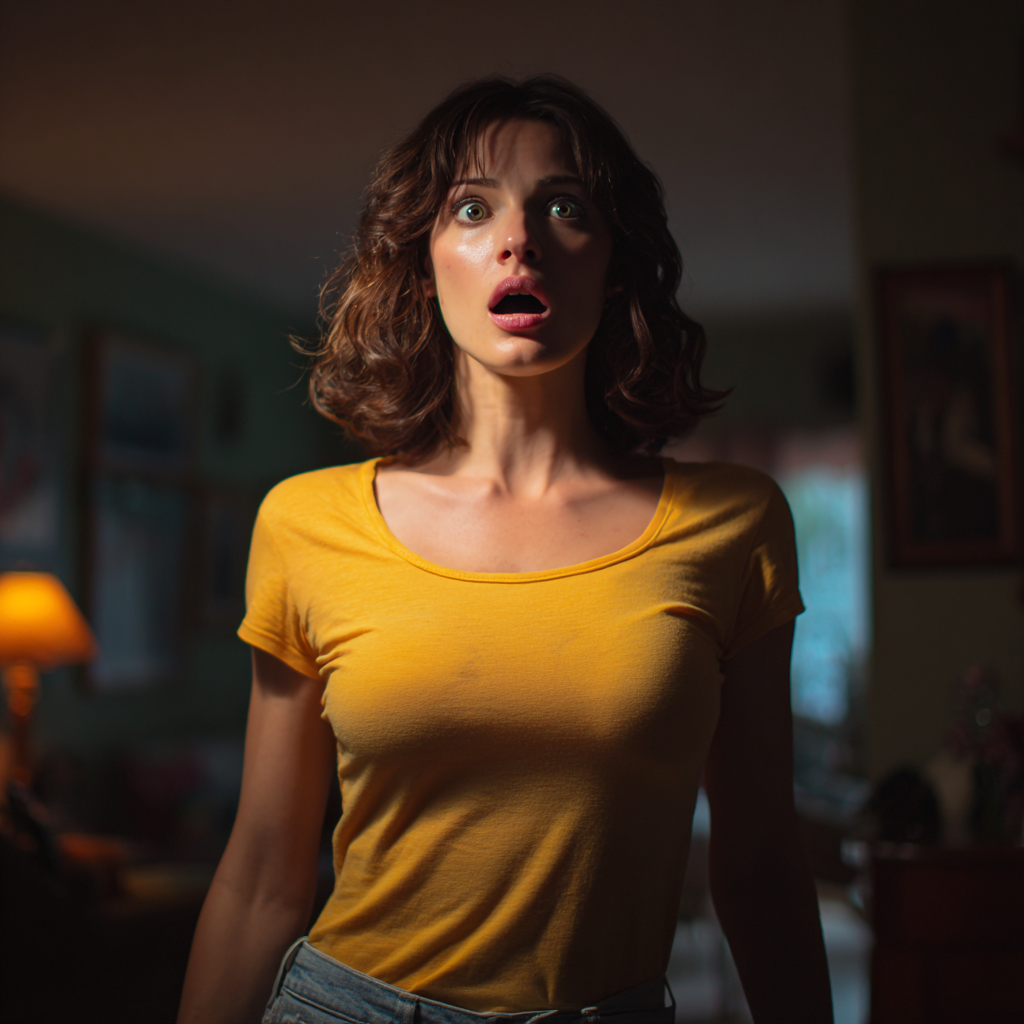 A shocked woman standing in a living room | Source: Midjourney
