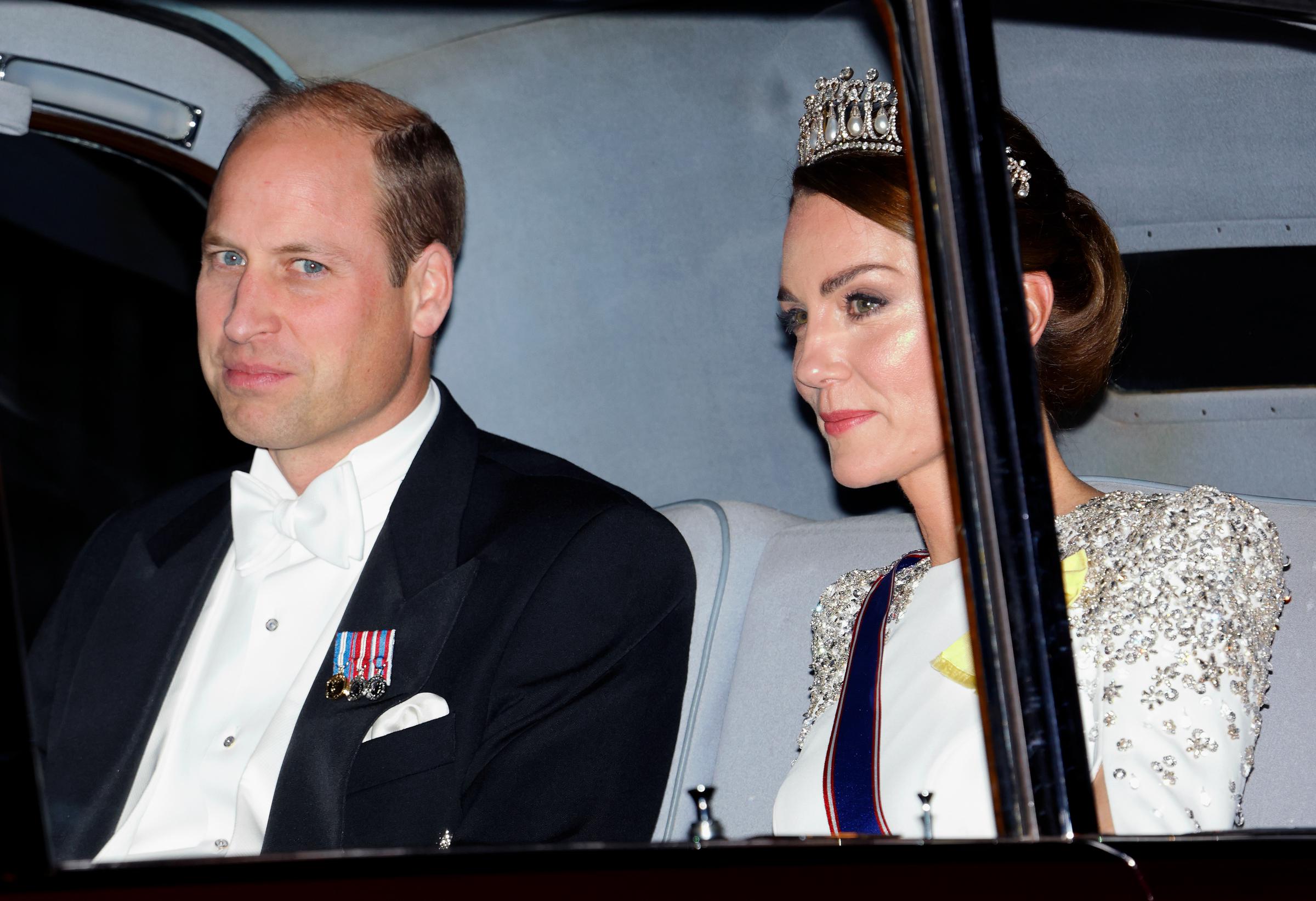 Prince William, Prince of Wales and Catherine, Princess of Wales (wearing the Lover's Knot Tiara) arrive at Buckingham Palace to attend a Sate Banquet for President Cyril Ramaphosa on day 1 of his State Visit to the United Kingdom on November 22, 2022 in London, England. | Source: Getty Images
