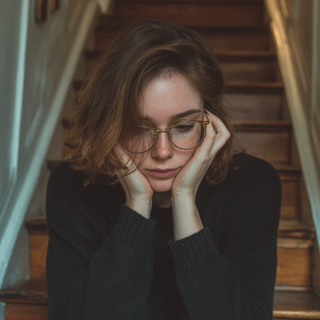 A woman sitting at the foot of a staircase | Source: Midjourney