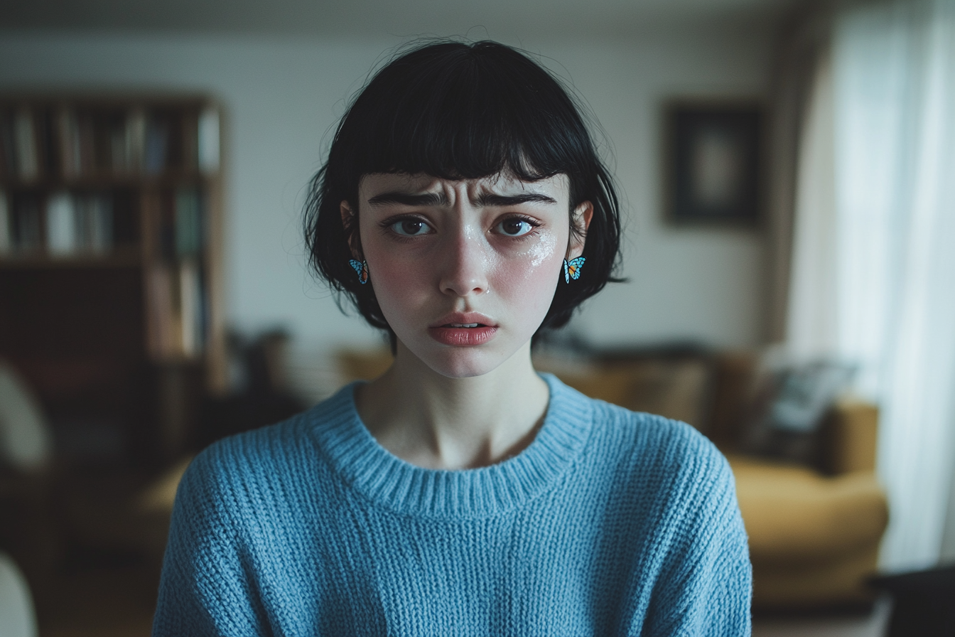 Young woman with short black hair looking sad in a living room | Source: Midjourney