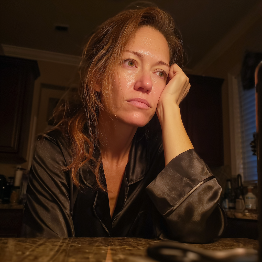 An emotional woman sitting at a table | Source: Midjourney
