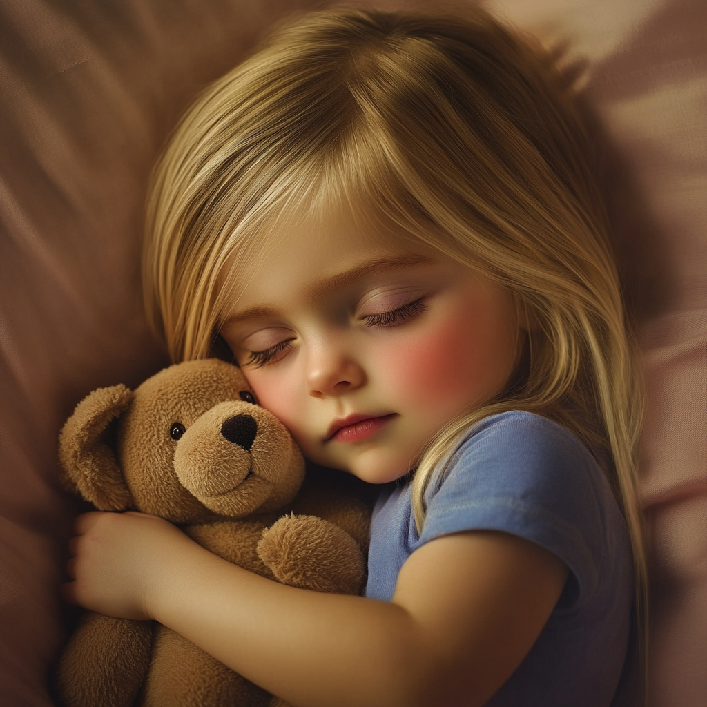 A little girl fast asleep while holding a teddy bear | Source: Midjourney