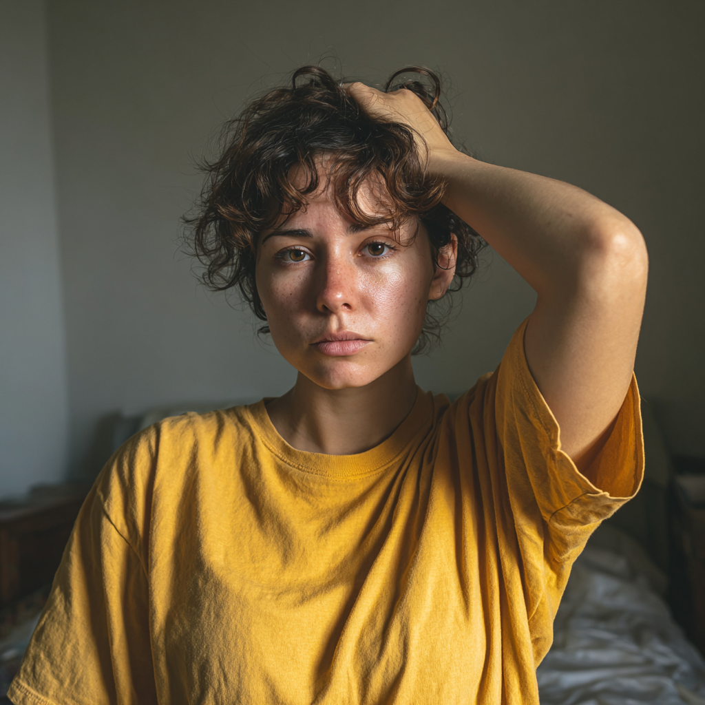 An upset young woman with her hand on her head | Source: Midjourney
