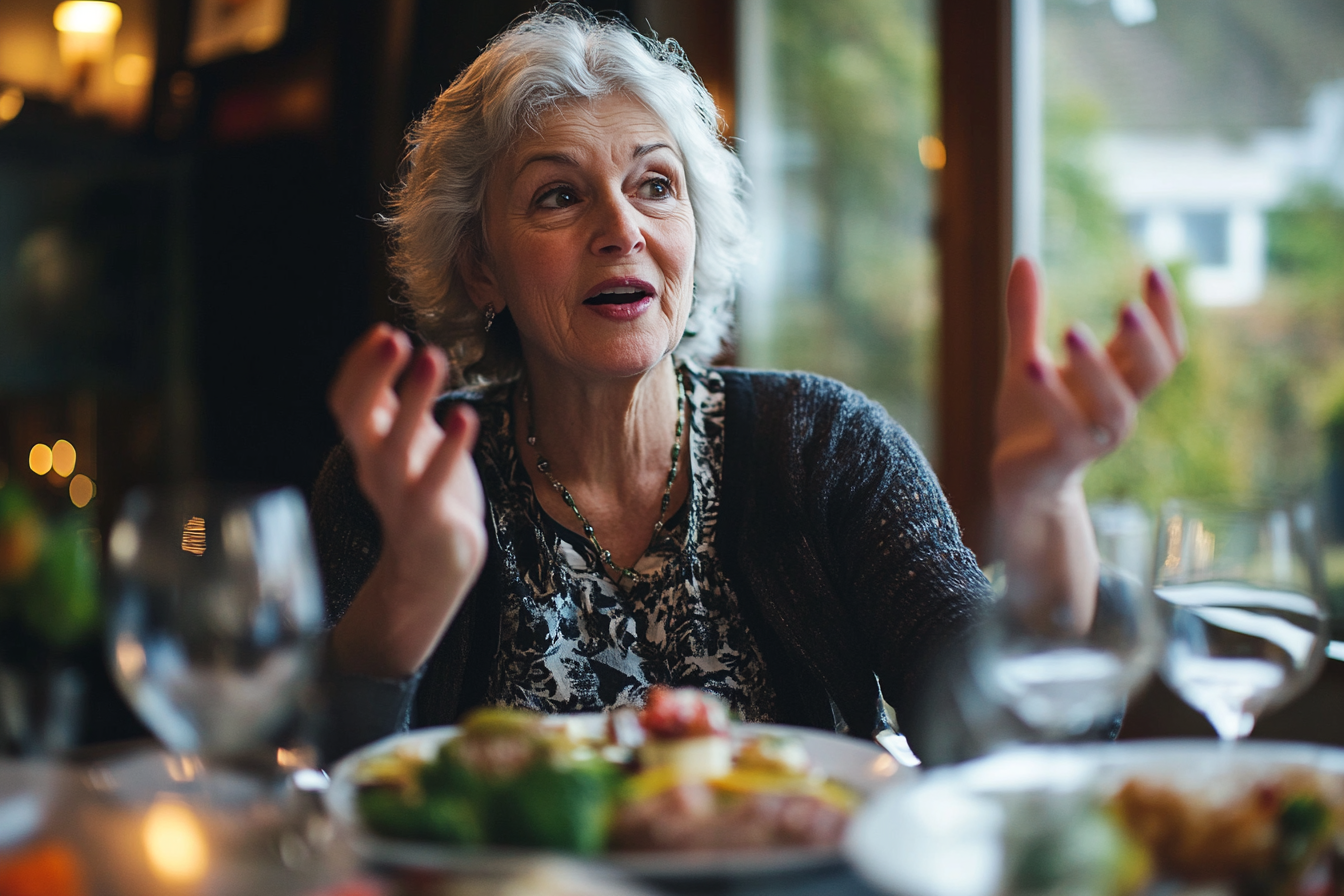 A woman speaking during dinner | Source: Midjourney