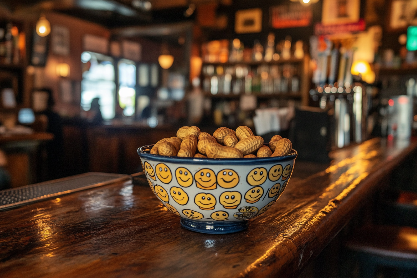 Peanuts in a smiley face bowl on a bar counter | Source: Midjourney