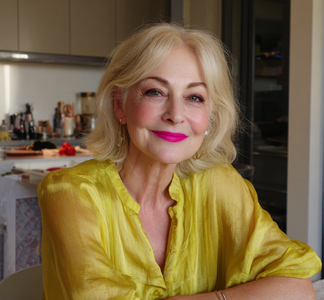 A smiling woman sitting at a table | Source: Midjourney