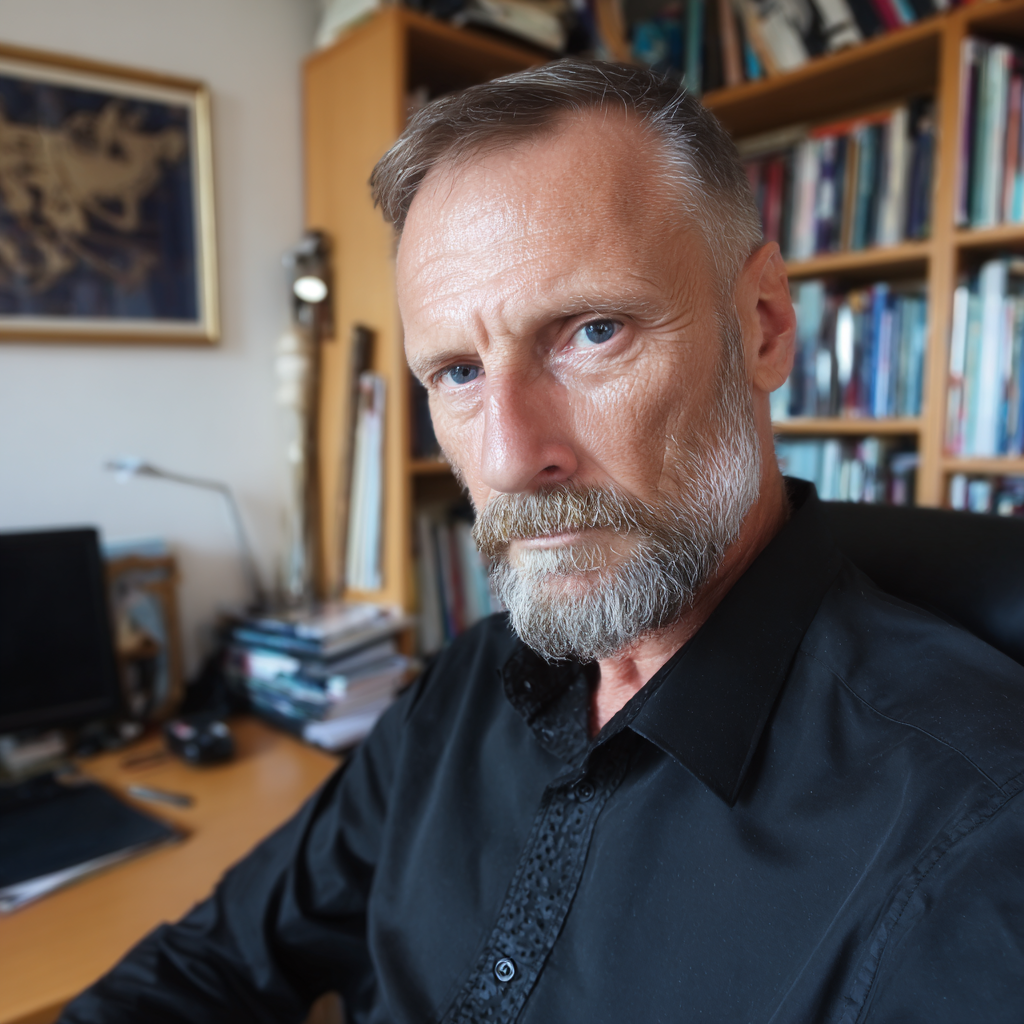 A stern man sitting behind a desk wearing a formal black shirt | Source: Midjourney