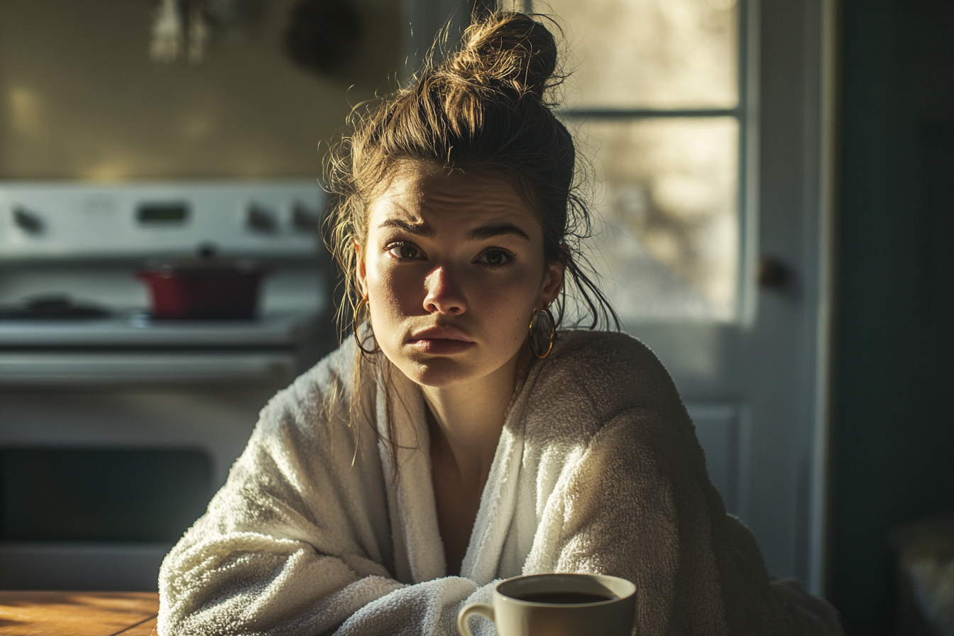 A woman in her 30s at a kitchen table with a cup of tea looking sad and upset | Source: Midjourney