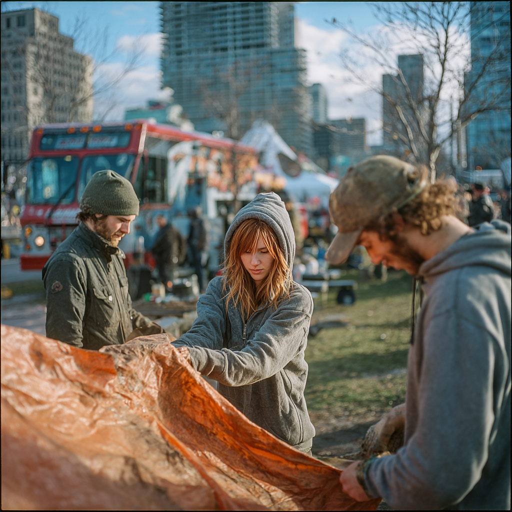 Three people busy with a tent | Source: Midjourney