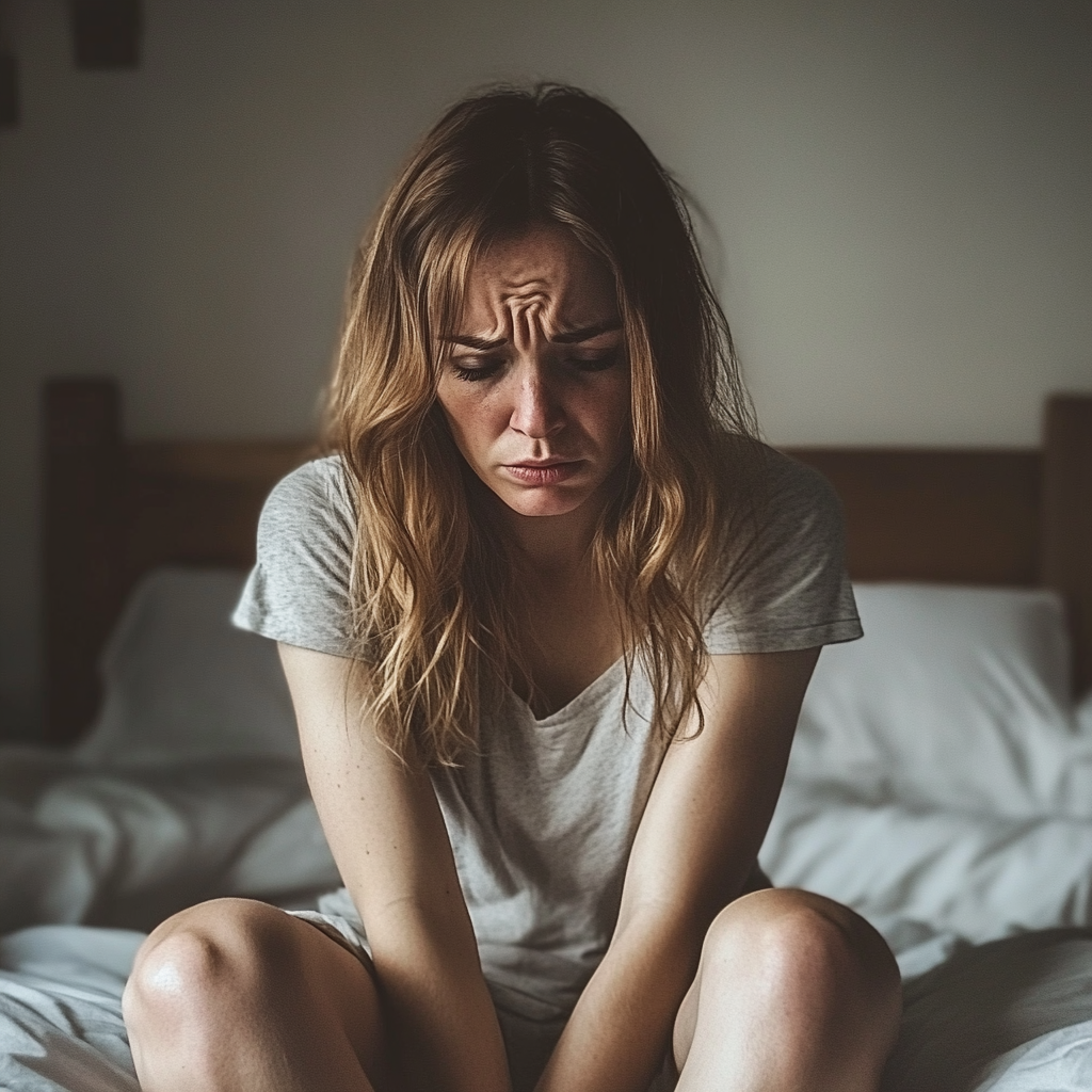 Une femme bouleversée assise sur un lit | Source : Midjourney